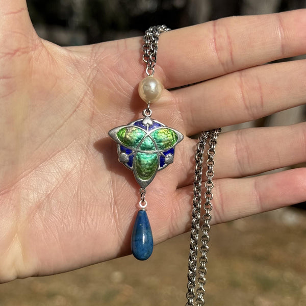 Art Nouveau Silver Enamel Pearl Lapis Lazuli Necklace