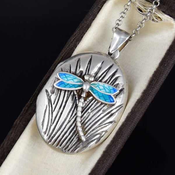 Vintage Sterling Silver Enamel Dragonfly Locket Necklace
