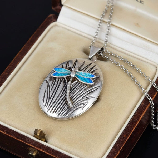 Vintage Sterling Silver Enamel Dragonfly Locket Necklace