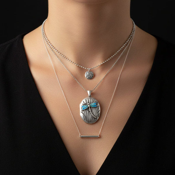 Vintage Sterling Silver Enamel Dragonfly Locket Necklace