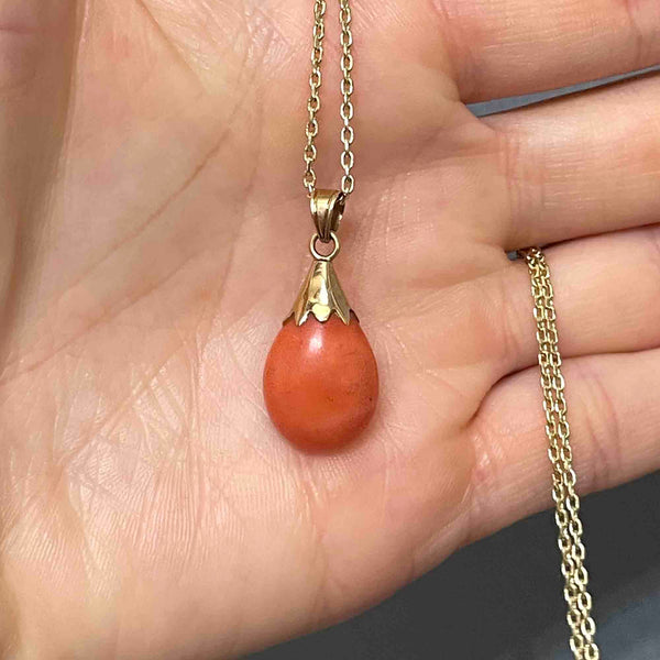 14K Gold Natural Salmon Coral Teardrop Pendant Necklace - Boylerpf