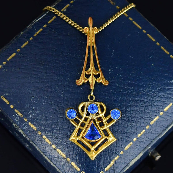 10K Gold Art Nouveau Blue Sapphire Lavalier Pendant Necklace