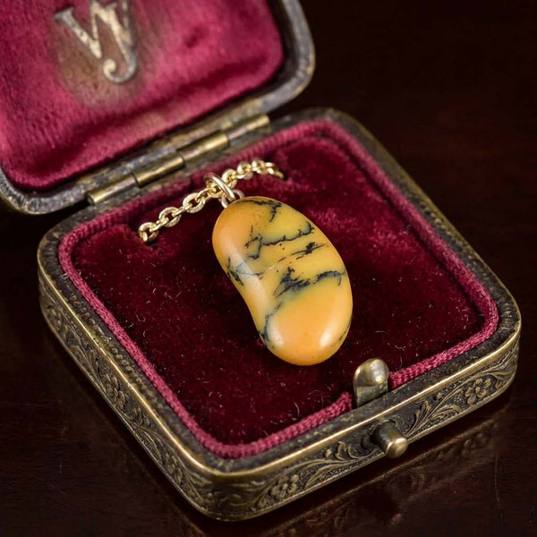 Vintage 9K Gold Dendritic Honey Opal Lucky Bean Necklace