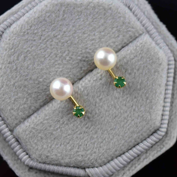 Vintage 14K Gold Emerald Pearl Stud Drop Earrings - Boylerpf