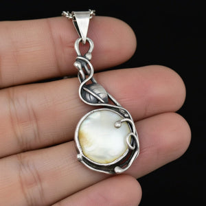 Arts & Crafts Sterling Silver Leaf Mother of Pearl Necklace - Boylerpf
