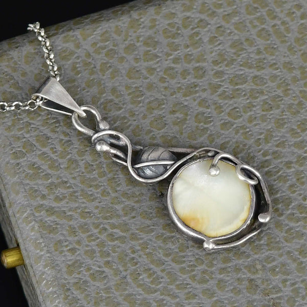 Arts & Crafts Sterling Silver Leaf Mother of Pearl Necklace