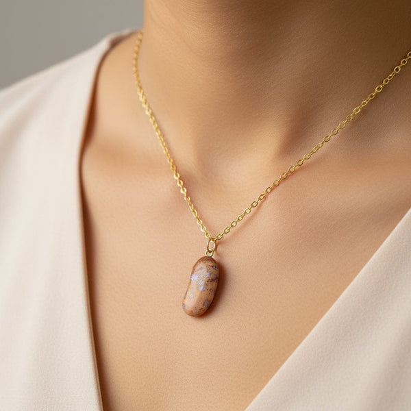 Vintage Gold Marbled Agate Lucky Bean Charm Pendant Necklace