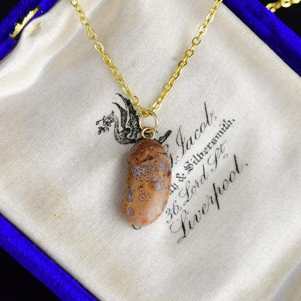 Vintage Gold Marbled Agate Lucky Bean Charm Pendant Necklace