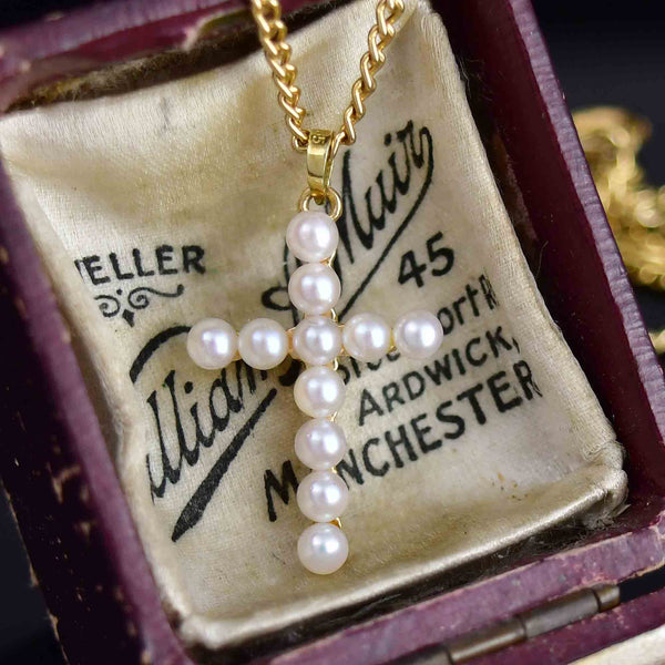 14K Gold Cultured Pearl Cross Charm Pendant Necklace - Boylerpf