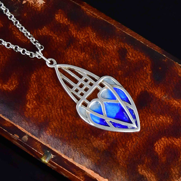 Antique Art Nouveau Silver Blue Enamel Heart Pendant Necklace - Boylerpf
