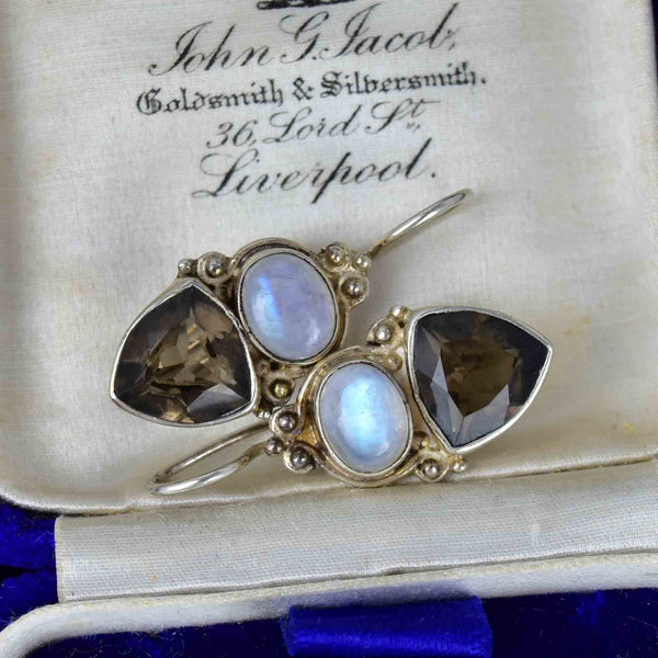 Silver Moonstone Cabochon Smoky Quartz Drop Earrings - Boylerpf
