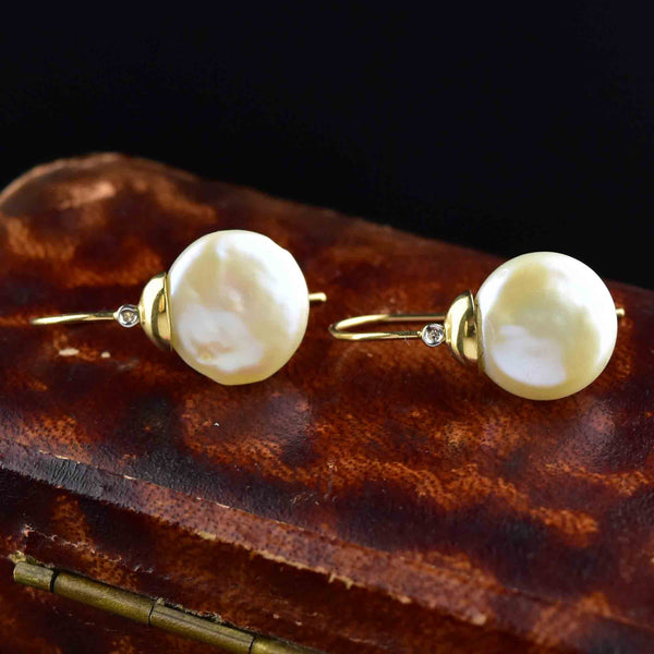 Vintage Button Baroque Pearl Diamond Earrings in 14K Gold - Boylerpf