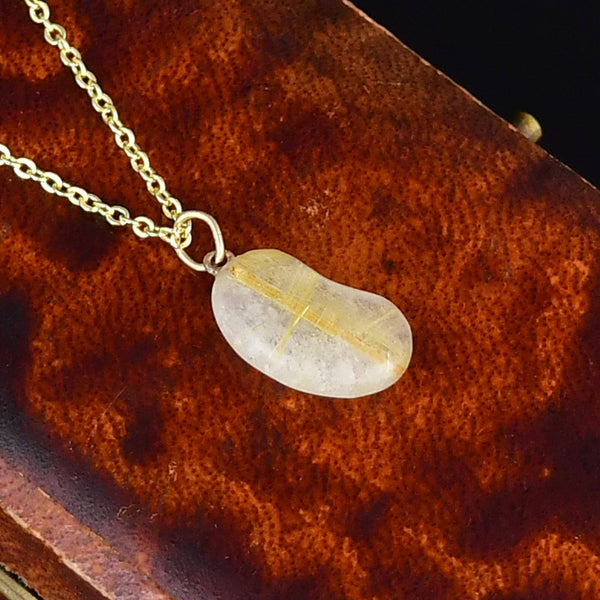 Vintage Rutilated Quartz 9K Gold Lucky Bean Necklace