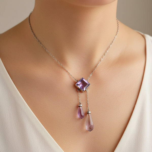 Antique Edwardian Sterling Silver Amethyst Negligee Necklace - Boylerpf