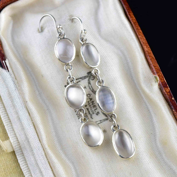 Vintage Moonstone Cabochon Silver Drop Earrings - Boylerpf