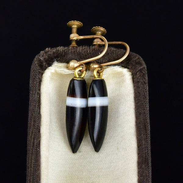 Antique Gold Banded Agate Screw Back Drop Earrings - Boylerpf