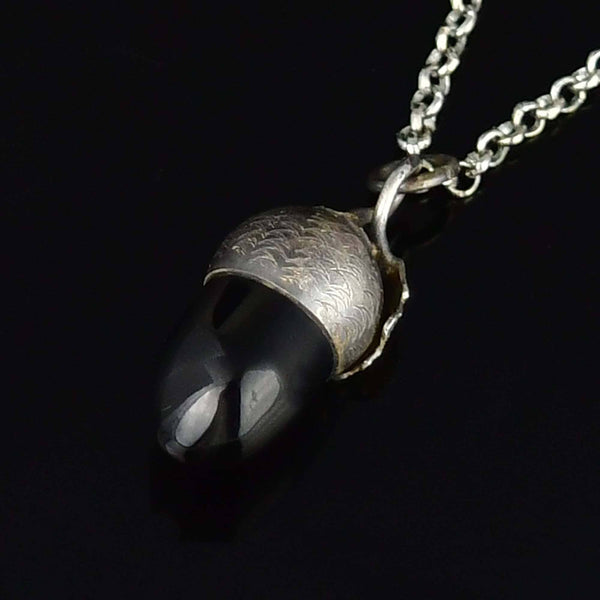 Sterling Silver Arts & Crafts Whitby Jet Acorn Necklace