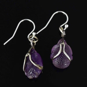 Silver Carved Amethyst Cabochon Bug Leaf Drop Earrings - Boylerpf