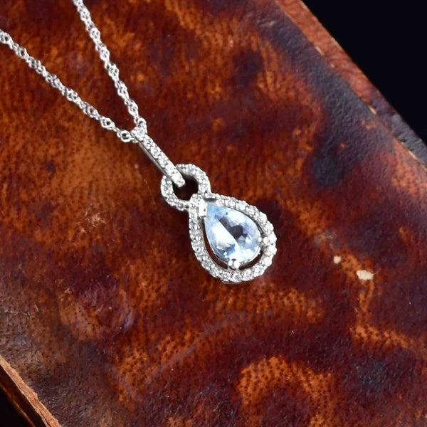 Vintage 10K White Gold Diamond Blue Topaz Pendant Necklace - Boylerpf