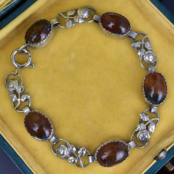 Vintage Arts and Crafts Style Silver Scottish Moss Agate Bracelet - Boylerpf