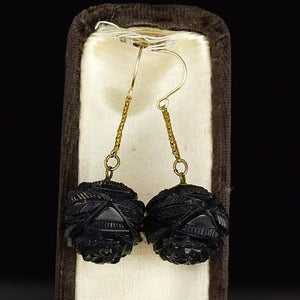 Antique Victorian Gold Carved Whitby Jet Earrings - Boylerpf