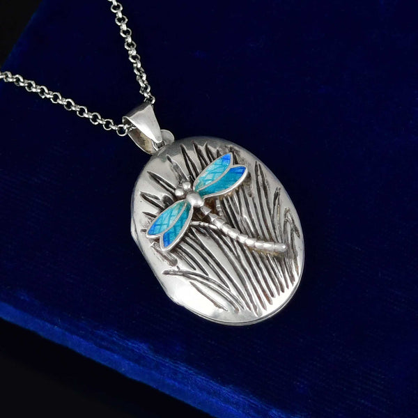Vintage Sterling Silver Enamel Dragonfly Locket Necklace