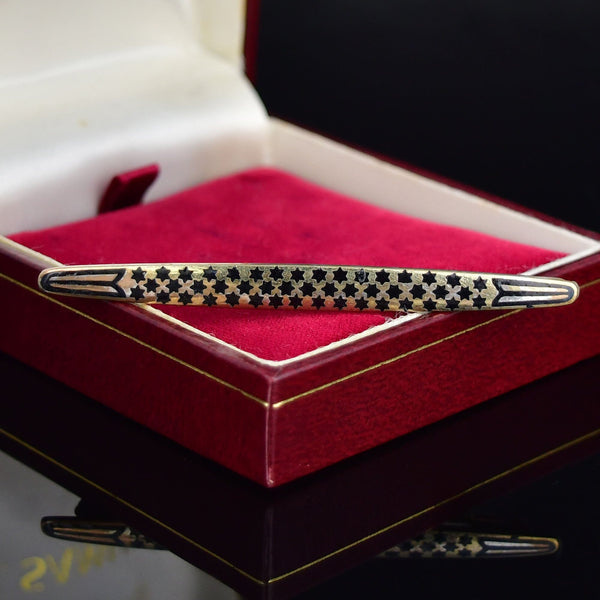 Vintage Black Enamel Star Gold Gilt Silver Bar Brooch