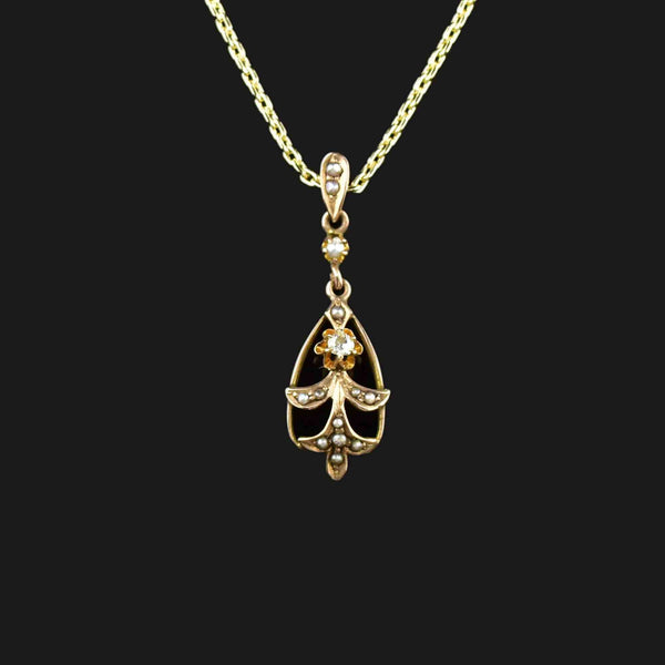 10K Gold Antique Diamond Pearl Lavaliere Necklace - Boylerpf