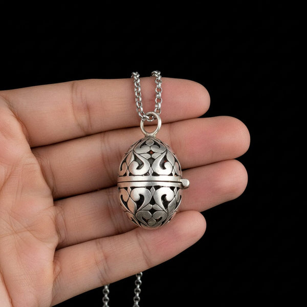 Antique Sterling Silver Egg Vinaigrette Pendant Necklace - Boylerpf