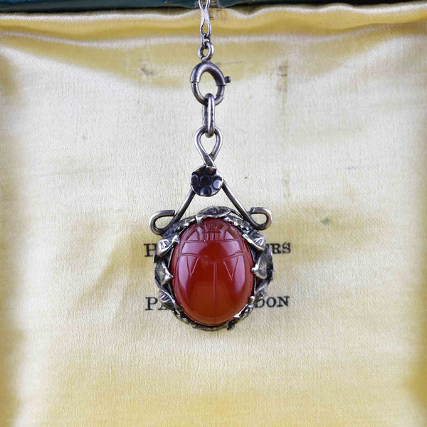 Vintage Art Deco Carnelian Scarab Y Chain Necklace - Boylerpf