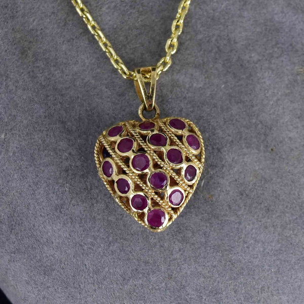 Vintage 14K Gold Filigree Ruby Sapphire Heart Pendant Necklace - Boylerpf