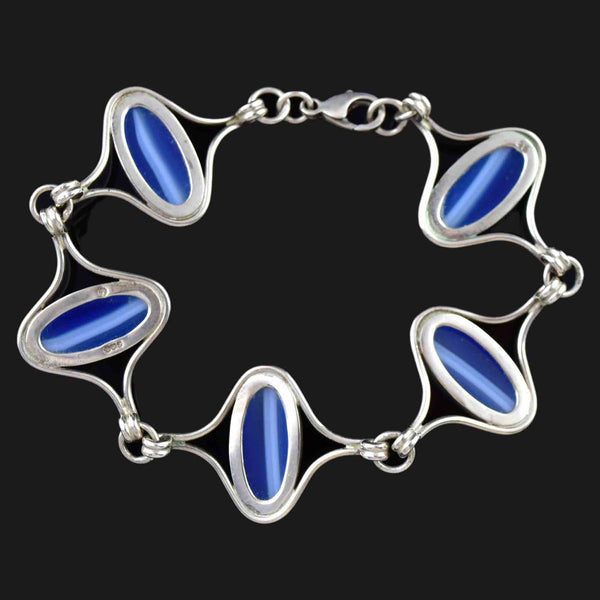 Silver Blue Banded Agate Cabochon Link Bracelet - Boylerpf