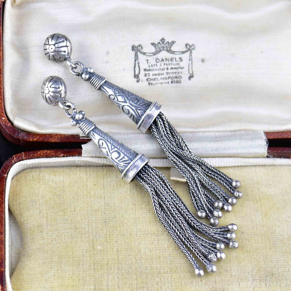Antique Albertina Silver Tassel Fob Stud Drop Earrings - Boylerpf