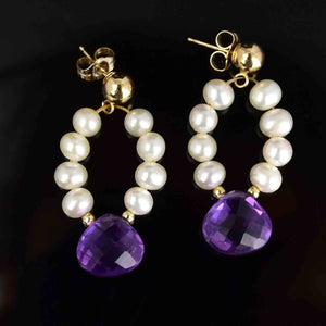 Vintage 14K Gold Amethyst Pearl Stud Hoop Drop Earrings - Boylerpf