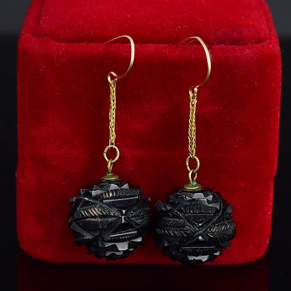 Antique Victorian Gold Carved Whitby Jet Earrings - Boylerpf