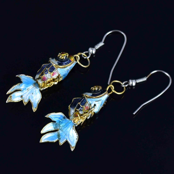 Vintage Gold Vermeil Blue Enamel Koi Fish Earrings - Boylerpf