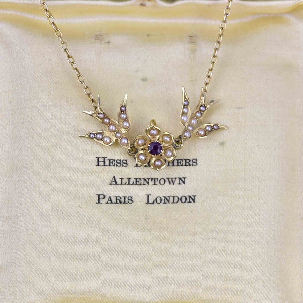 14K Gold Edwardian Amethyst Seed Pearl Swallow Bird Necklace - Boylerpf