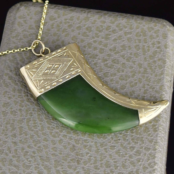 Vintage Large Carved Jade Claw Pendant Necklace