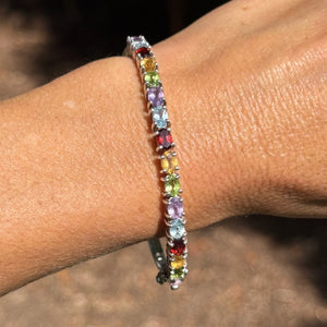 Vintage Sterling Silver Multi Stone Harlequin Bangle Bracelet - Boylerpf