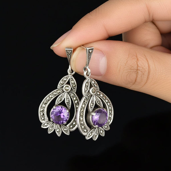 Vintage Art Deco Amethyst Marcasite Drop Earrings Sterling Silver - Boylerpf