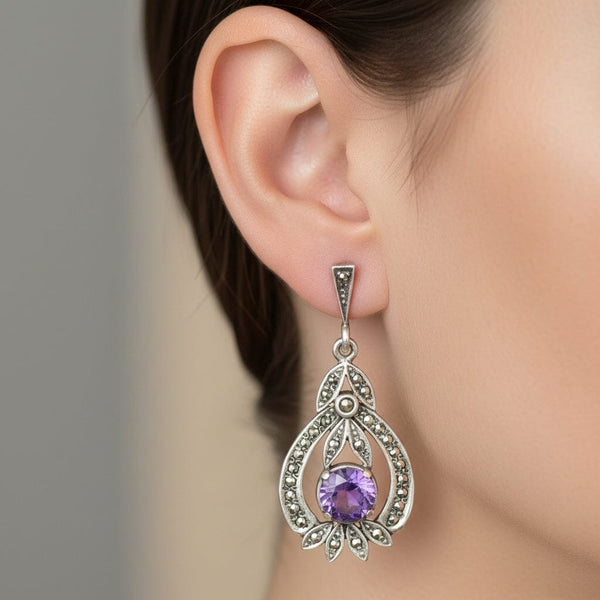 Vintage Art Deco Amethyst Marcasite Drop Earrings Sterling Silver - Boylerpf
