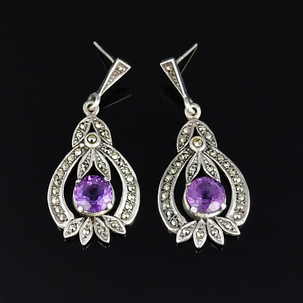 Vintage Art Deco Amethyst Marcasite Drop Earrings Sterling Silver - Boylerpf