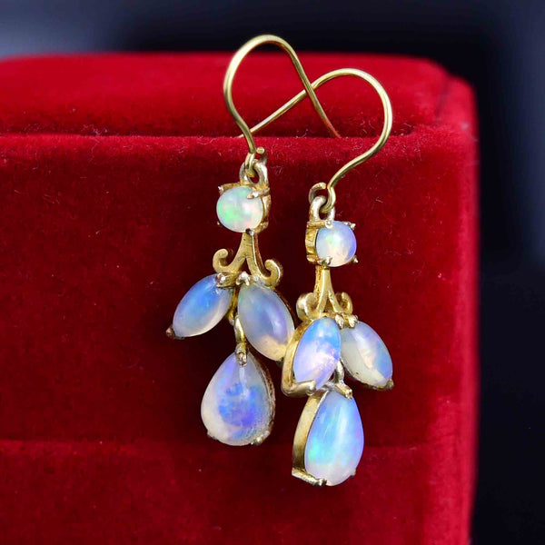 Vintage Art Deco Style Ethiopian Jelly Opal Leaf Drop Earrings - Boylerpf
