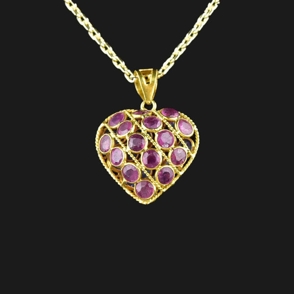 Filigree 18K Gold Ruby Blue Sapphire Heart Pendant Necklace - Boylerpf