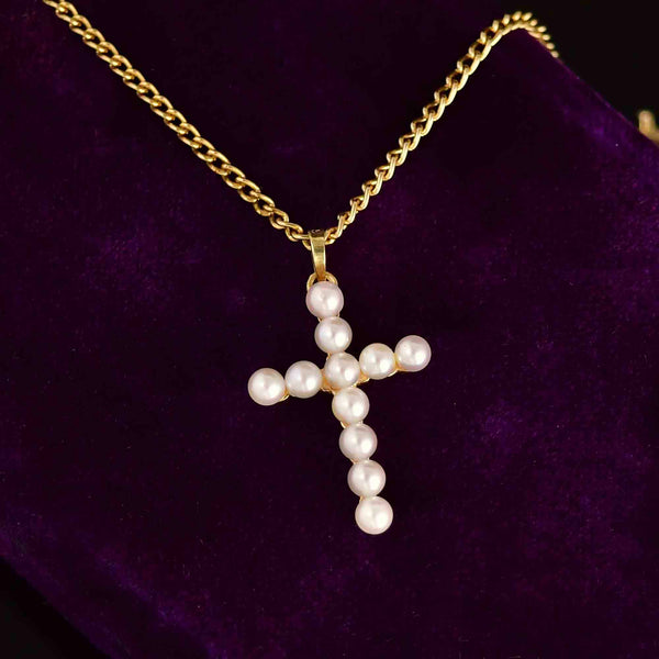 14K Gold Cultured Pearl Cross Charm Pendant Necklace - Boylerpf