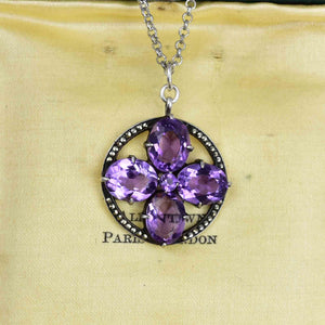 Vintage Silver Amethyst Marcasite Flower Pendant Necklace - Boylerpf