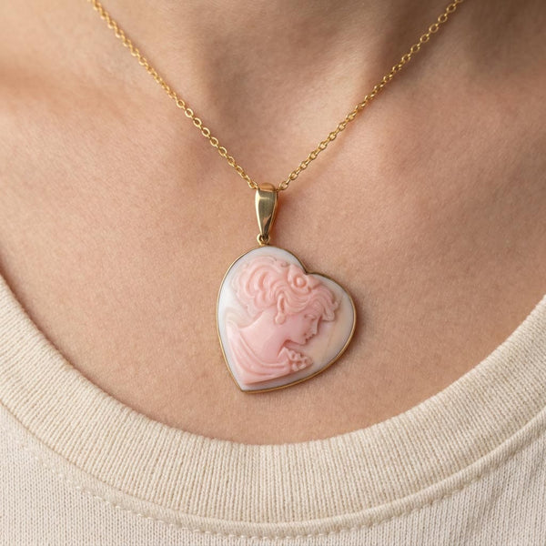 14K Gold Pink Shell Cameo Heart Enhancer Pendant Necklace