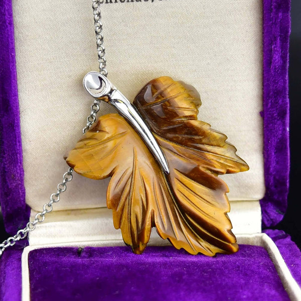 Vintage Tiger’s Eye Maple Leaf Pendant Necklace Sterling Silver - Boylerpf