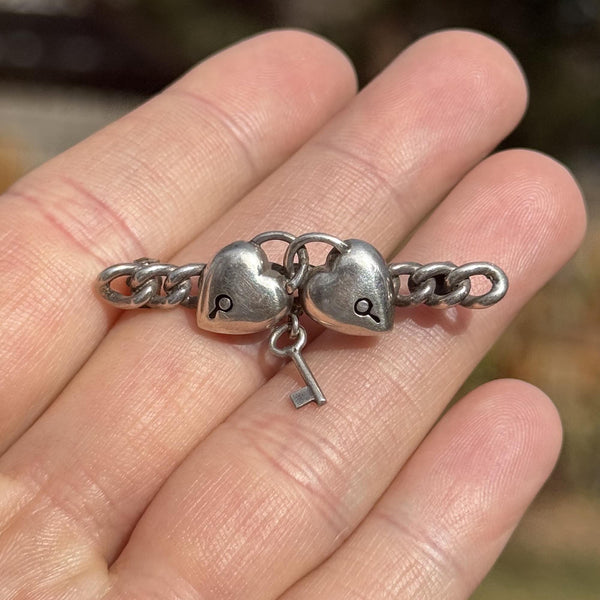 Antique Sterling Silver Heart Padlock Key Brooch - Boylerpf