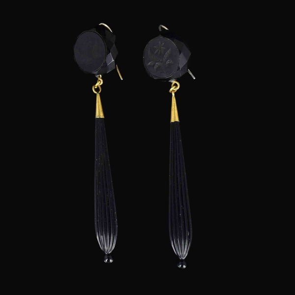 Antique Carved Whitby Jet French Jet Mourning Drop Earrings - Boylerpf